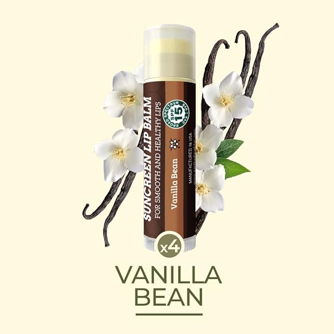 SPF Lip Balm 4-Pack by Earth's Daughter - Lip Sunscreen, SPF 15, Organic Ingredients, Vanilla Flavor, Beeswax, Coconut Oil, Vitamin E - Hypoallergenic, Paraben Free, Gluten Free-VivaGrace Women