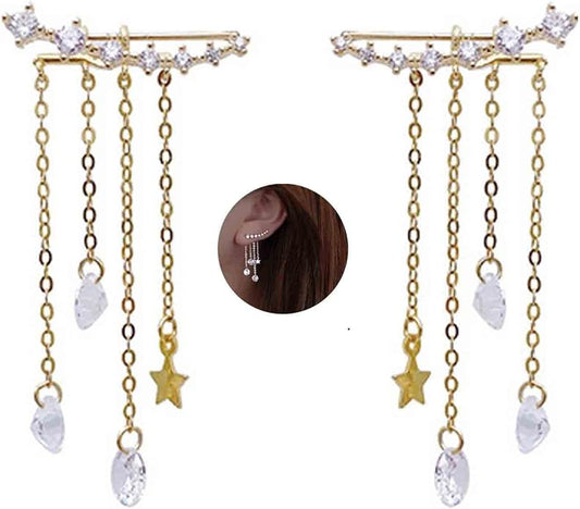 Boho Star Ear Jacket Earrings Gold Cz Star Ear Climber Earrings Crystal Chain Tassel Earrings Crystal Ear Crawler Long Chain Earrings Jewelry for Women and Girls Gifts-VivaGrace Women