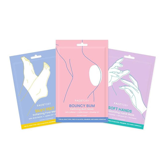FACETORY Body Spa Sheet Mask Bundle Variety Pack of 3 with Korean Sheet Masks for Feet, Hands, and Butt - Softening, Hydrating, Nourishing, and Refreshing, for Dry, Cracked Skin-VivaGrace Women