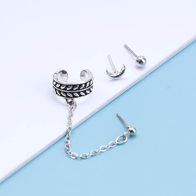 Bohemia Moon Cuff Chain Earrings Silver Chain Climber Dangle Earrings Tassel Chain Cartilage Earrings Chain Drop Dangle Earrings Set for Women and Girls-VivaGrace Women