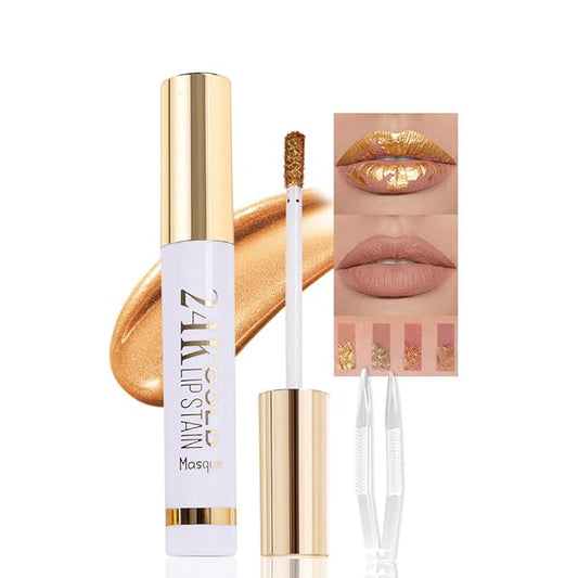 2025 New 24K Gold Liquid Lip Gloss Peel Off Lip Stain Tattoo with Tweezer, Light Brown Lips Stain Peel Off Masque, Long Lasting Waterproof Lip Tint Stain, Transfer-proof for All Skin Types 01#-VivaGrace Women
