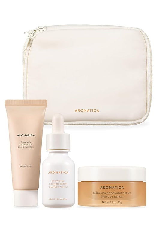 AROMATICA Glow Vita Trial Kit - Travel Size Skin Care Set [Vitamin C Serum 0.5 fl.oz, Facial Scrub 0.5 fl.oz, Goodnight Cream with Retinol 1oz] - Travel Kit for Women-VivaGrace Women