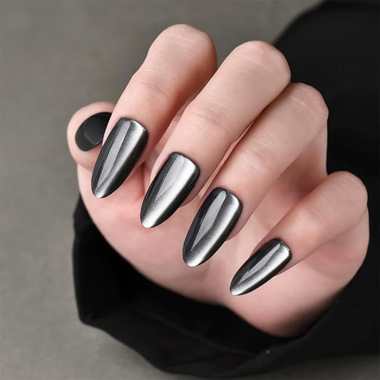 Press On Nails Almond, Shifting Black and Silver Cat Eye Press On Nails Short, Reusable Acrylic Fake Nails, Fashion Gel Fake Nails for Women, Glossy Glue On Nails Kit, Silver Seraph
