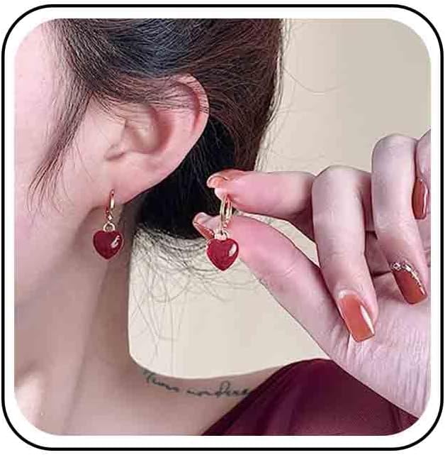 Vintage Heart Dangle earrings Red Coral Earrings Red Heart Love Huggie Earrings Gold Hoop Huggie Earrings Jewelry for Women-VivaGrace Women