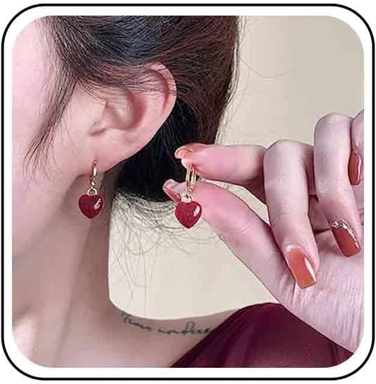 Vintage Heart Dangle earrings Red Coral Earrings Red Heart Love Huggie Earrings Gold Hoop Huggie Earrings Jewelry for Women-VivaGrace Women