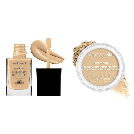 wet n wild Photo Focus Dewy Liquid Foundation Makeup Buff Bisque & Bare Focus Clarifying Finishing Powder Light-Medium-VivaGrace Women