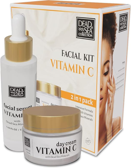 Dead Sea Collection Facial Vitamin C Kit - Day Cream (1.69fl.oz/50ml jar) & Facial Serum (1.69fl.oz/50ml bottle) - Pure Dead Sea Minerals - Anti-Wrinkle Hydration Smooth and Moisturized Skin-VivaGrace Women