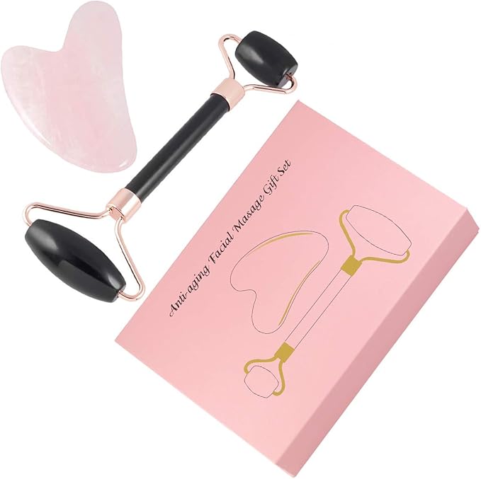 mookaitedecor Obsidian Roller & Rose Quartz Gua Sha Scraping Massage Tool Set, Face Massager for Wrinkles, Anti Aging-VivaGrace Women