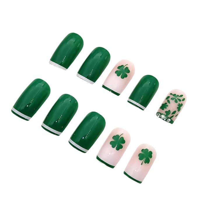 St. Patrick's Press on Nails Clover Short Square Fake Nails with Rhinestone Designs Green French Tip False Nails Full Cover Glossy Stick on Nails St. Patrick's Glue on Nails for Women Girls