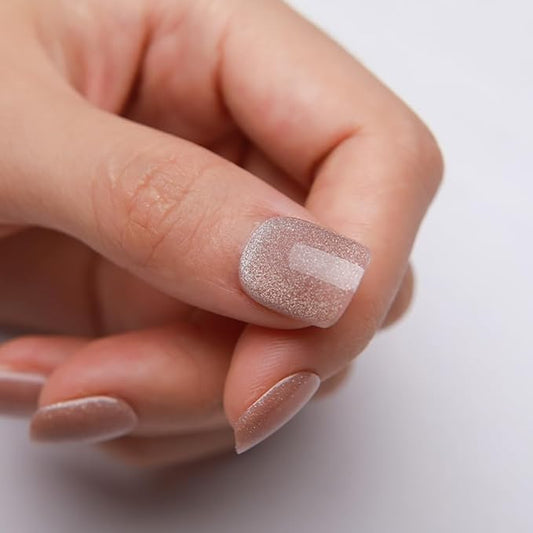 Nude-Silver Spring Press on Nails Short Square, Cat Eye Press on Nails, Fashion Gel Fake Nails, Reusable Acrylic Fake Nails, Glossy Stick on Nails for Women, Glue on Nails Kit, Icy Nude-Silver