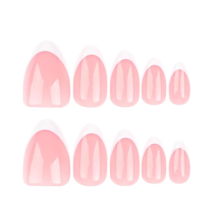 White French Tip Press on Nails Medium Almond Fake Nails Nude False Nails with Design Reusable Acrylic Glue on Nails Glossy Full Cover Stick on Nails for Women Girls Manicure 24pcs