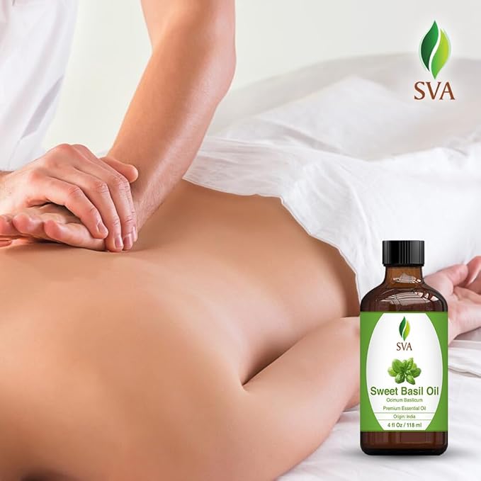 SVA Sweet Basil Essential Oil – 4 Fl Oz – 100% Natural Basil Oil - for Diffuser, Hair Care, Face, Skin Care, Aromatherapy, Scalp and Body Massage, Soap and Candle Making – with Dropper-VivaGrace Women