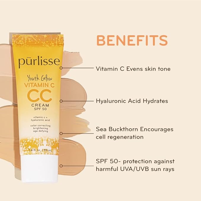 pūrlisse Youth Glow Vitamin C CC Cream SPF 50: Cruelty-Free & Clean, Paraben & Sulfate-Free, Full Coverage, Hydrates with Hyaluronic Acid | Light 1.4oz-VivaGrace Women