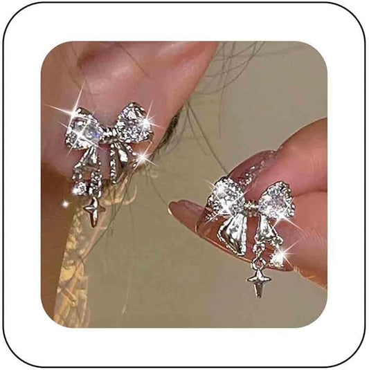 Vintage Crystal Bow Earrings Black Onyx Stud Earrings Silver Tiny Cross Drop Earrings Sparkly Cz Rhinestone Bow Earrings Jewelry for Women-VivaGrace Women