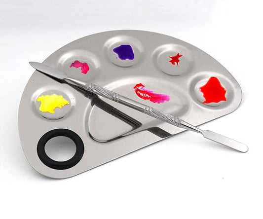 semicircle Makeup Palette Stainless Steel 6-dents Nail-art Cosmetic Artist Mixing Palette with 6 Inches Spatula Tool-VivaGrace Women