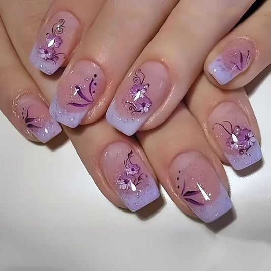 24Pcs Short Square Fake Nails Purple Flower Press on Nails Glitter Designs Valentine Nails Glue on Purple French Tip False Nails Full Cover Gradient Stick on Nails for Women Manicure Kit