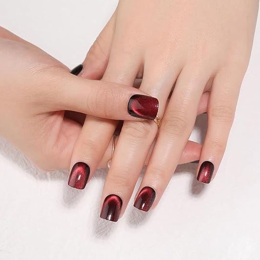 Red Press on Nails Short Square, Cat Eye Press on Nails, Fashion Gel Fake Nails, Reusable Acrylic Fake Nails, Glossy Stick on Nails for Women Girls Gift, Glue on Nails Kit, Obsidian Flame