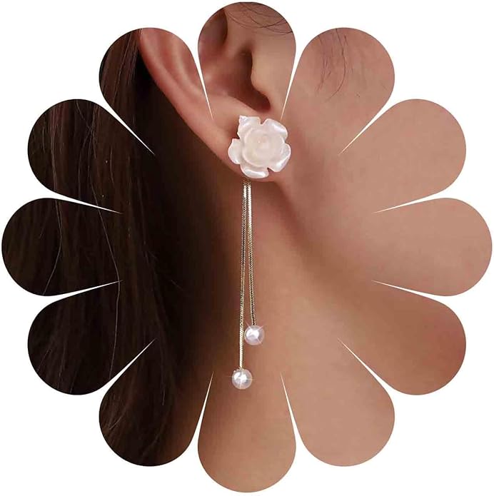 Vintage Flower Pearl Drop Earrings Long Tassel Pearl Earrings White Camellia Stud Earring Gold Pearl Chain Dangle Earrings Jewelry for Women-VivaGrace Women