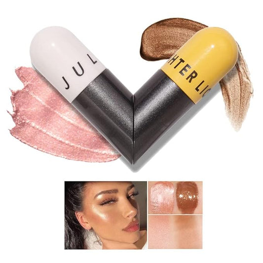 AKARY Liquid Highlighter Makeup for Face Body, Contour Foundation Illuminator Boom Stick, Two-color Highlight Shade Longwear Shimmer Glow Makeup, Valentine's Day gift (02 Sakura Powder + Warm Brown)-VivaGrace Women