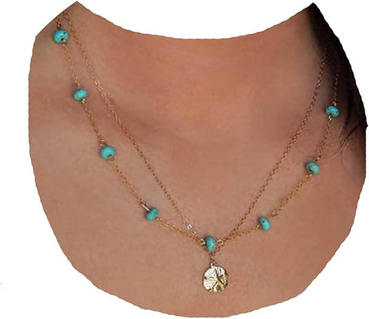 Boho Layered Coin Turquoise Necklace Gold Hammered Coin Disc Pendant Necklace Vintage Necklace Chain Jewelry for Women-VivaGrace Women