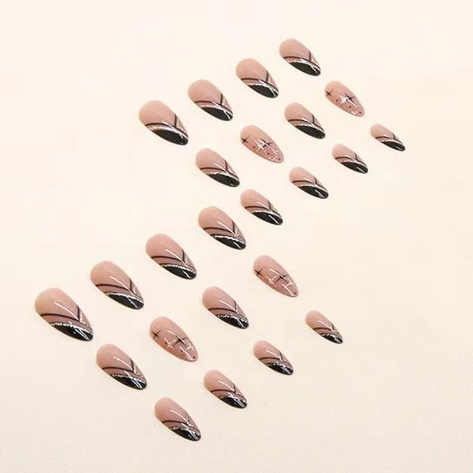 French Tip Press on Nails Medium Almond Fake Nails Black Gold Line False Nails with Design Star Glue on Nails Glossy Acrylic Nail Press ons Full Cover Stick on Nails for Women Girls Manicure 24PCS