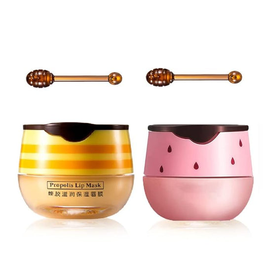 2PCS Lip Balm Honey Pot,Honey & Strawberry Lip Balm, Propolis Moisturizing Honey Lip Mask Lip Balm, Hydrating & Prevention Dry and Cracked Lip Scrubs Exfoliator-VivaGrace Women