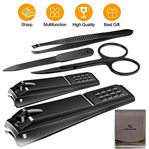 Manicure Pedicure Kit Nail Clippers Set Fingernails & Toenails Vibrissac Scissor 5 Pieces Best Care Tools for Man & Women with Travel Case (Gray/Black_A) (Gray/Black_A)-VivaGrace Women