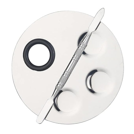1 Set Round Stainless Steel 3-Well Cosmetic Makeup Palette with Spatula Cosmetic Artist Palette Mixing Palette with Spatula Nail Art Eye Shadow Lipsticks Mixing Makeup Tools, Silver-VivaGrace Women