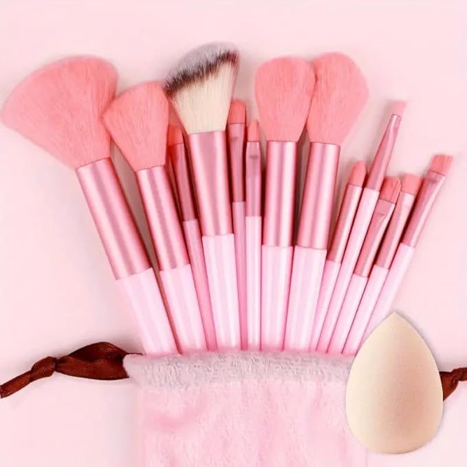 Foundation Makeup Brush Set Kit | 13 Pcs Premium Synthetic Kabuki Eye Shadows Make Up Brushes + 1 Sponge + 1 Brush Bag for Travel and Home Use (PINK)-VivaGrace Women