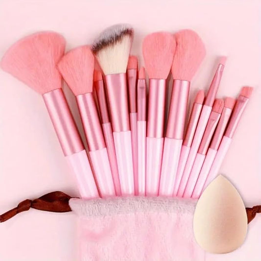 Foundation Makeup Brush Set Kit | 13 Pcs Premium Synthetic Kabuki Eye Shadows Make Up Brushes + 1 Sponge + 1 Brush Bag for Travel and Home Use (PINK)-VivaGrace Women