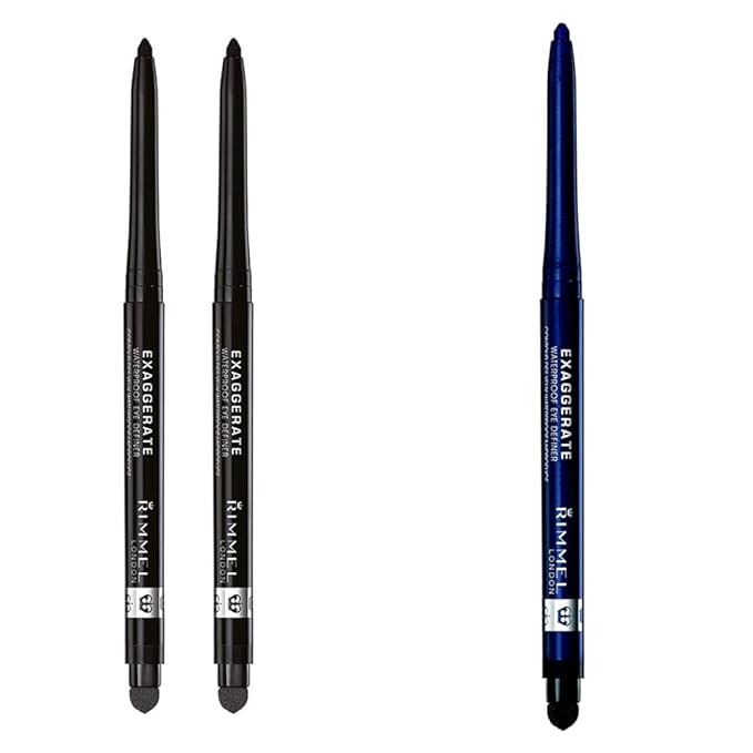 Rimmel London Exaggerate Waterproof Eye Definer Bundle, Blackest Black & Deep Ocean, Built-In Smudger and Sharpener