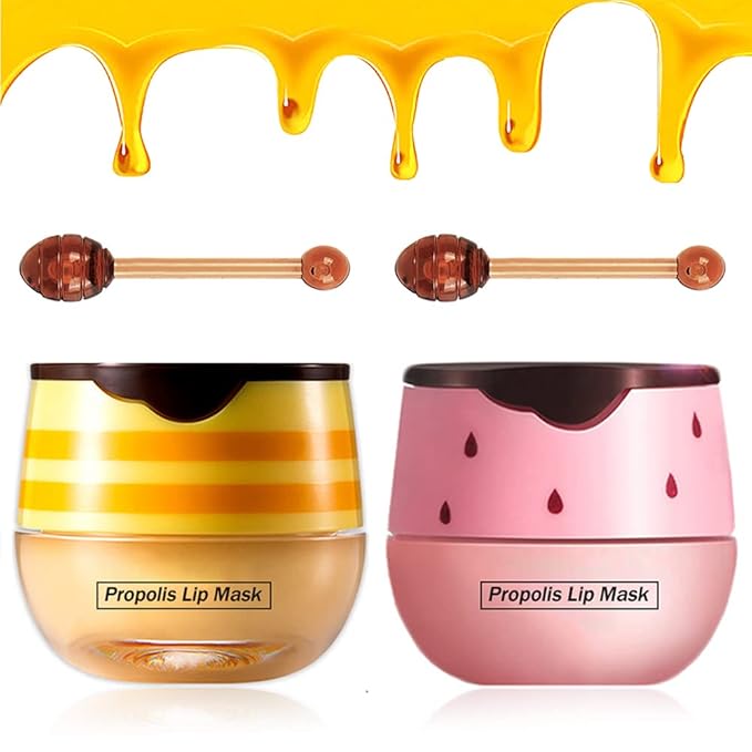 2PCS Bee Balm Lip Balm Honey Pot & Strawberry Sleeping Lip Mask, Propolis Moisturizing Honey Lip Mask Lip Balm, Hydrating & Prevention Dry and Cracked Lip Scrubs Exfoliator, Winter Lip Care Products-VivaGrace Women