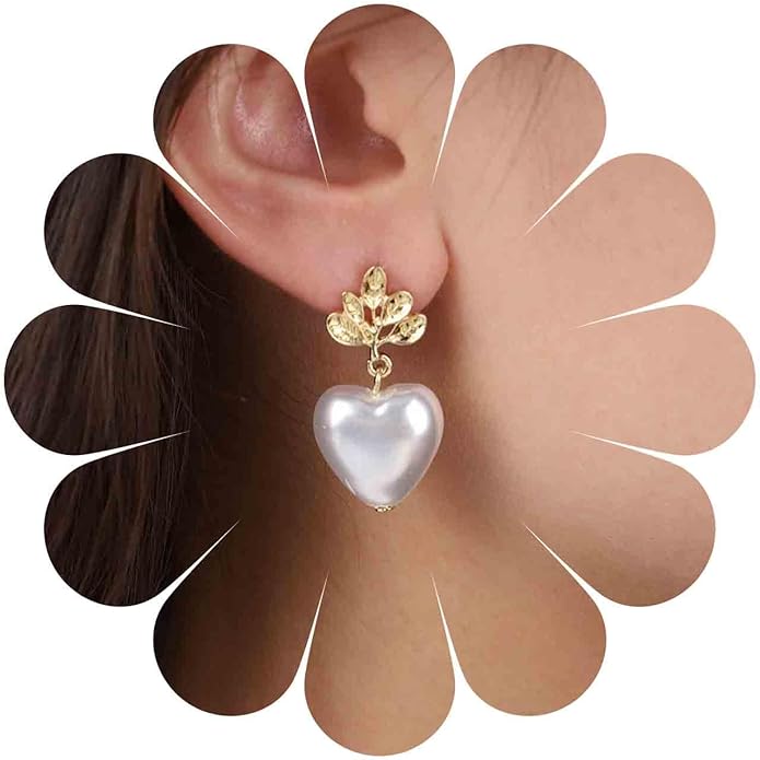 Vintage Pearl Heart Drop Earrings Gold Leaf Pearl Earrings White Pearl Heart Earrings Bridal Pearl Stud Earrings Jewelry for Women-VivaGrace Women