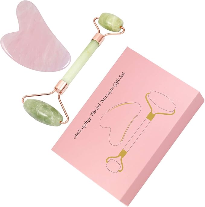 mookaitedecor Xiuyan Jade Roller & Rose Quartz Gua Sha Scraping Massage Tool Set, Face Massager for Wrinkles, Anti Aging-VivaGrace Women