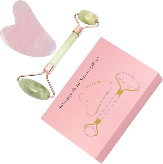 mookaitedecor Xiuyan Jade Roller & Rose Quartz Gua Sha Scraping Massage Tool Set, Face Massager for Wrinkles, Anti Aging-VivaGrace Women