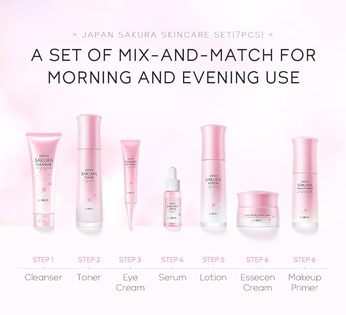 Skin Care Set JAPAN SAKURA Beauty Gift Sets Skin Care Kit with Cleanser, Toner, Lotion, Serum, Eye Cream, Face Cream, Make up Primer Travel Kit for Women Wife Mom 7pcs-VivaGrace Women