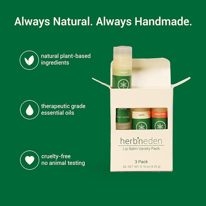 Herb’N Eden Lip Balm Variety Pack of 3 | Moisturizing and Soothing for Dry, Chapped Lips | Vanilla, Peppermint, Unscented | 100% Natural Ingredients | Essential Oils-VivaGrace Women