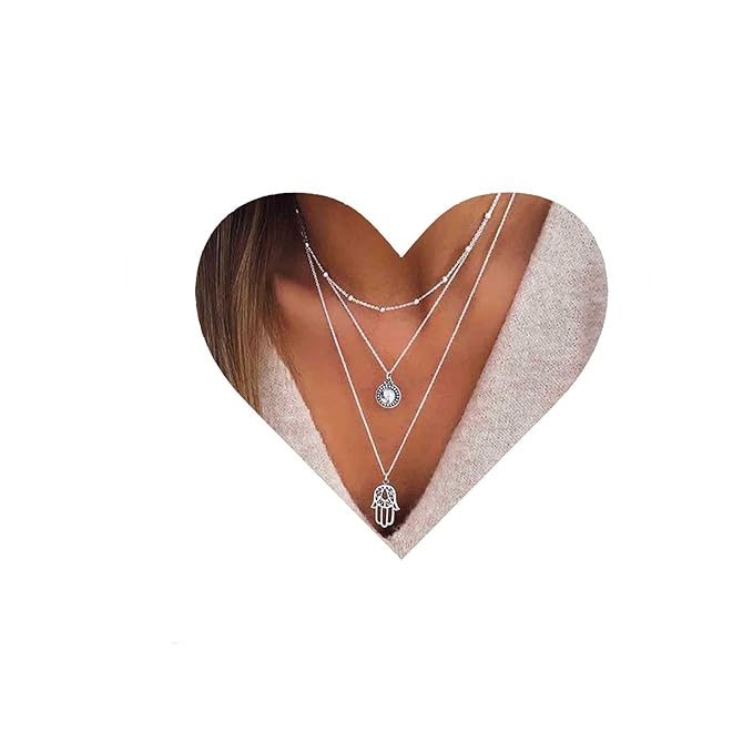 Boho Layered Opal Moonstone Necklace Silver Hamsa Pendant Necklace Futian Hand Necklace Chain Opalite Gem Necklace Jewelry for Women and Girls-VivaGrace Women