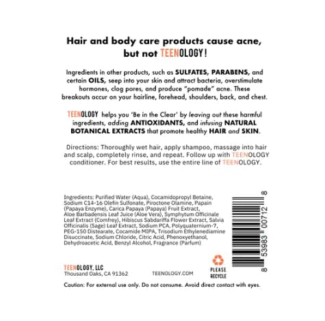Teenology Shampoo for Teens - Avoid Forehead and Body Acne - No Sulfates or Parabens, Noncomedogenic, Natural Botanical Extracts, 16 oz. (Fresh Papaya)-VivaGrace Women