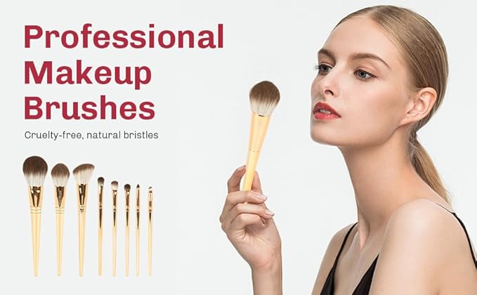 8pcs Gold Makeup Brush Set for All Skill Levels Easy Clean Soft Lint Free Brushes Travel Friendly Kit Foundation Powder Eyeshadow Blush Contour-VivaGrace Women