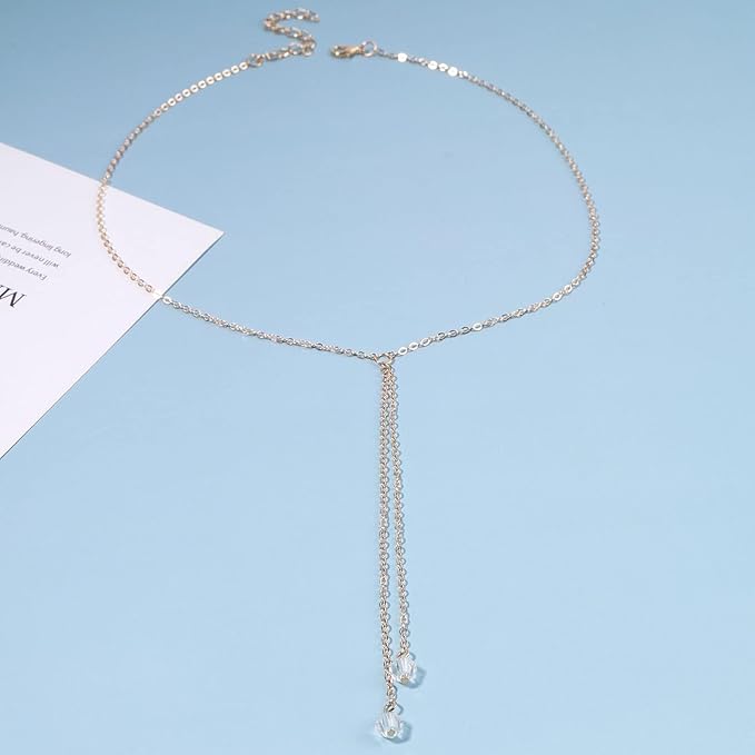 Boho Crystal Drop Necklace Gold Crystal Tassel Y Necklace Chain Vintage Long Drop Chain Necklace Minimalist Necklace Chain Jewelry for Women and Girls Gifts-VivaGrace Women