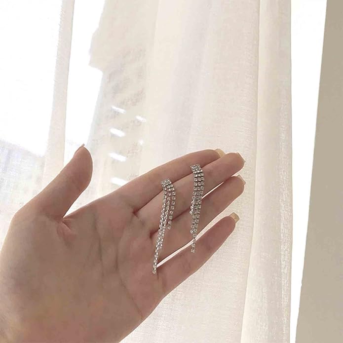 Boho Rhinestone Tassel Earrings Long Fringe Drop Dangle Earrings Silver Crystal Chain Tassel Earrings Vintage Chandelier Chain Studs Earrings Luxury Statement Earrings Jewelry for Women and Girls Gifts-VivaGrace Women