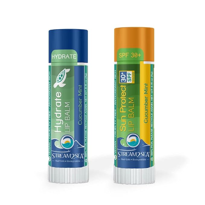 STREAM 2 SEA Cucumber Mint Lip Balm Set, Reef Safe SPF 30 and Hydrate Organic Lip Balms, Moisturizing Indoor + Sun Protect Outdoor Lip Balm For Beach and Sports, Paraben Free, Cruelty Free Lip Care-VivaGrace Women
