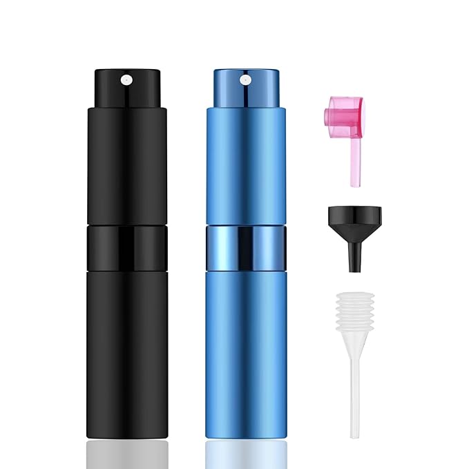2 PCS/8ml Portable Mini Perfume Atomizer bottles, Empty Refillable Spray Bottle with 3 Types of Refill Tools, Pocket Travel Perfume Sample Bottles(Matte Black&Blue)-VivaGrace Women