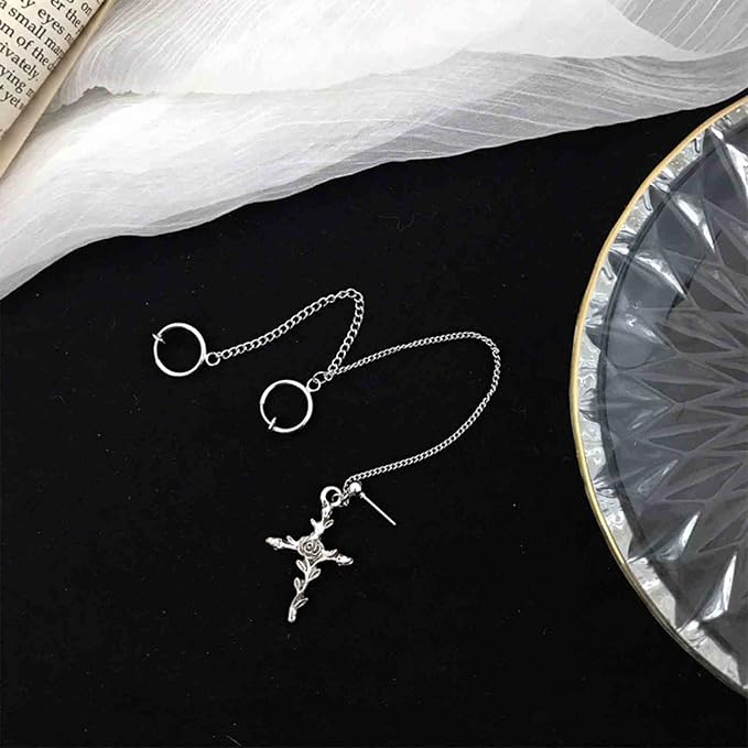 Cross Chain Cuff Earrings Silver Cross Dangle Chain Earrings Long Crucifix Drop Earrings Religious Ear Cuff Wrap Chain Earrings Jewelry for Women and Girls-VivaGrace Women