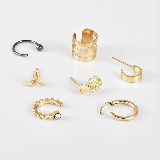 Bohemia Pineapple Mermaid Tail Studs Earrings Gold Wide Cuff Earrings Fake Helix Ear Cuff Earrings Gold Cartilage Clip on Wrap Earrings Non pierced Multiple Earrings Set Set for Women and Girls-VivaGrace Women