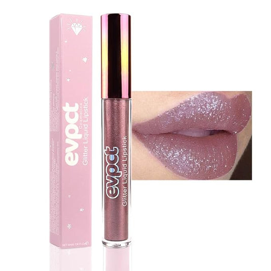 evpct 1Pcs Taupe Mauve Glitter Metallic Shimmer Diamond Lipstick Lip Gloss Stain Set for Women Long Lasting Waterproof, Mauve Purple Sparkle Glitter Matte long Wear Liquid Lipstick Lip Makeup Kit, 08#-VivaGrace Women