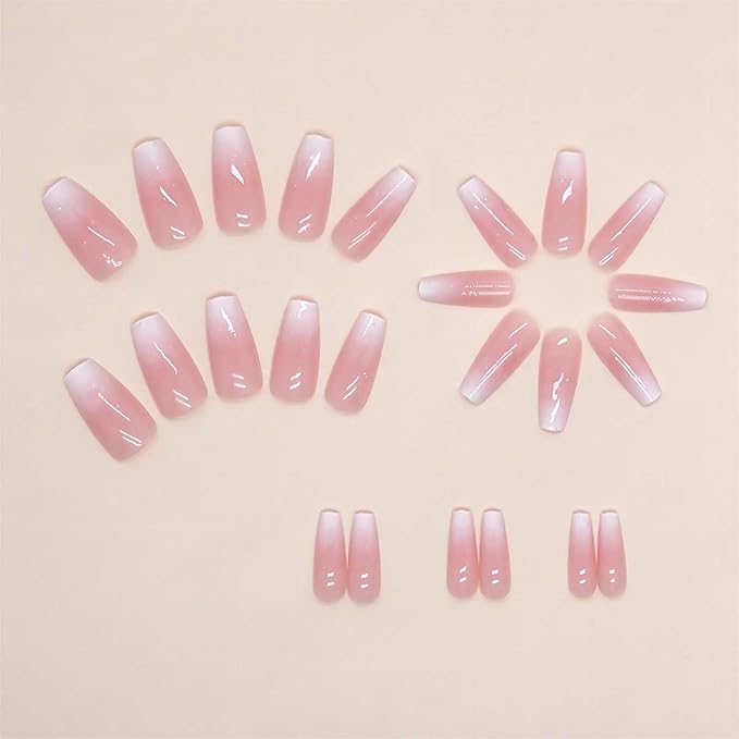 Pink Press On Nails Medium Coffin Fake Nails Glossy Acrylic False Nails with Glitter Designs Ombre Pink Full Cover Press Ons Fall Winter Holiday Stick on Nails for Women 24Pcs