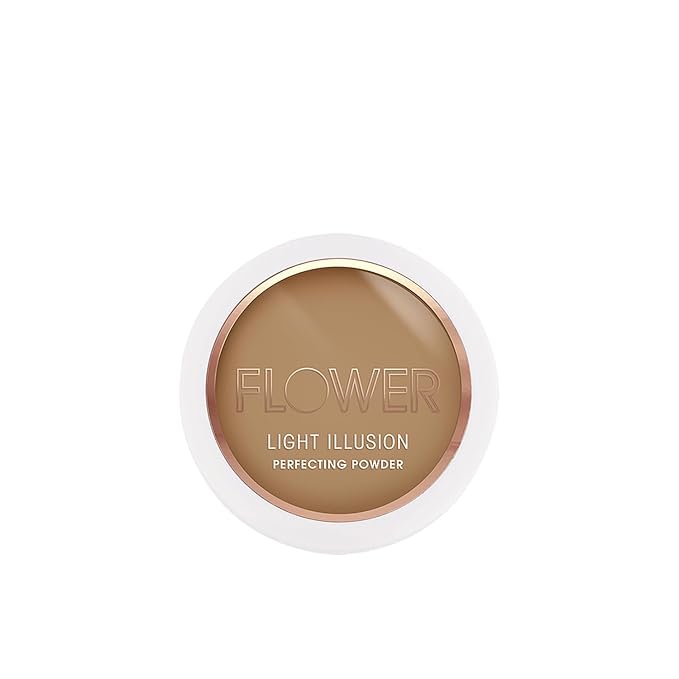 FLOWER Beauty By Drew Barrymore Light Illusion Perfecting Powder - Powder Foundation + Setting Powder for Makeup - Medium Buildable Coverage - Natural Glow + Flawless Finish - Mirror + Sponge Include d (Mocha)-VivaGrace Women