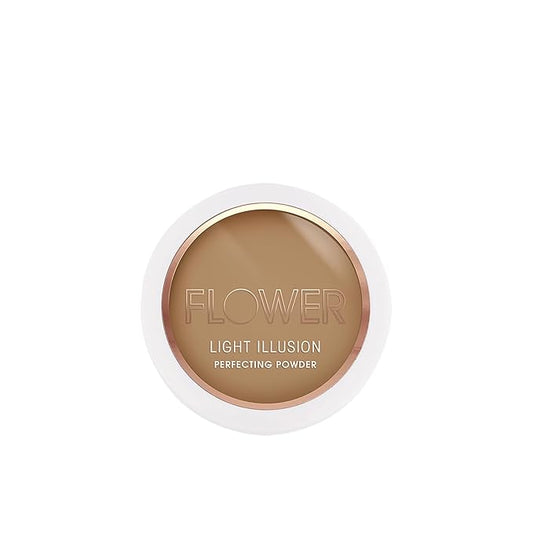 FLOWER Beauty By Drew Barrymore Light Illusion Perfecting Powder - Powder Foundation + Setting Powder for Makeup - Medium Buildable Coverage - Natural Glow + Flawless Finish - Mirror + Sponge Include d (Mocha)-VivaGrace Women